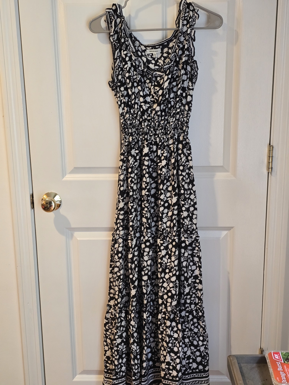 Max Studio Black and White Floral Ruffle Strap Maxi Dress